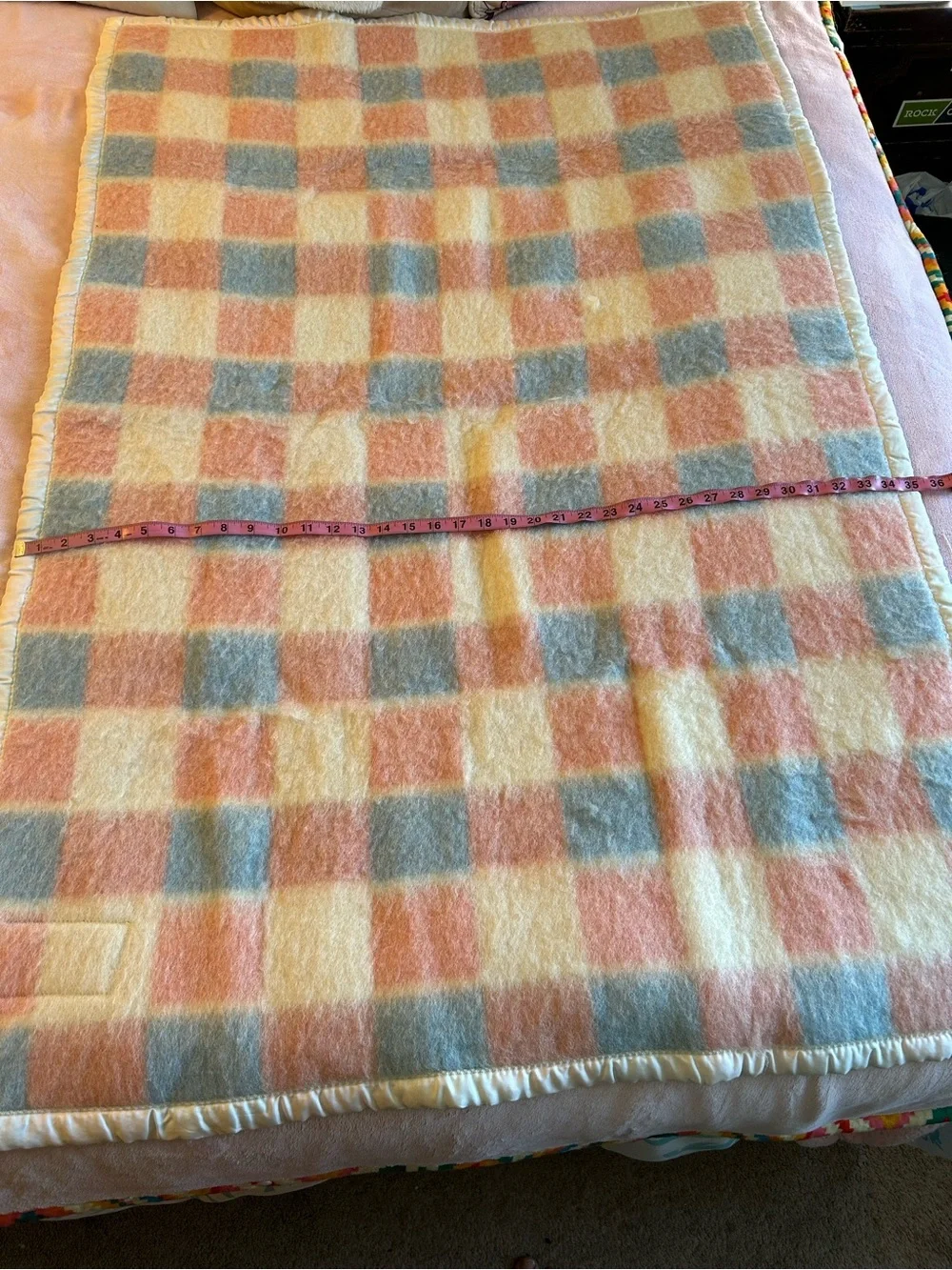 Vintage Van Wyk wool health blanket throw pink blue white satin trim 35X54
